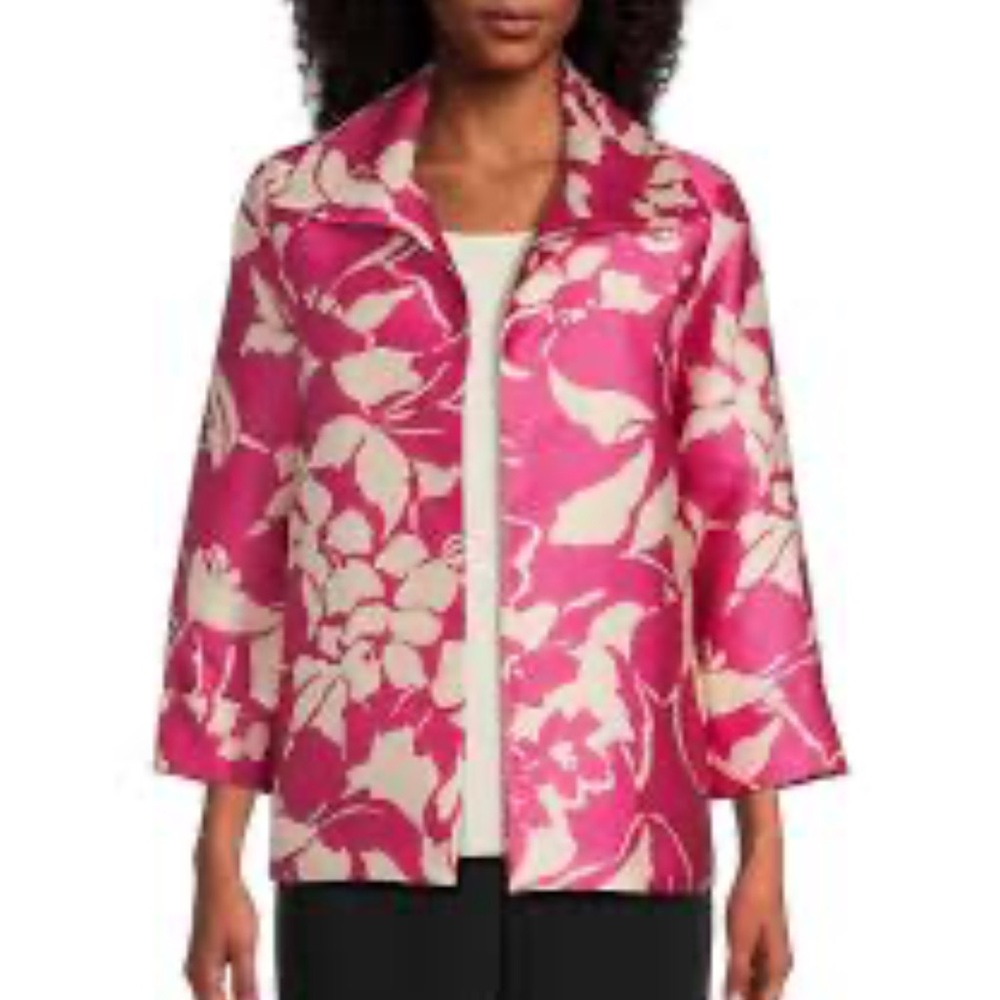 Caroline Rose Floral Flash Print Point Collar Open Front  Statement Jacket
